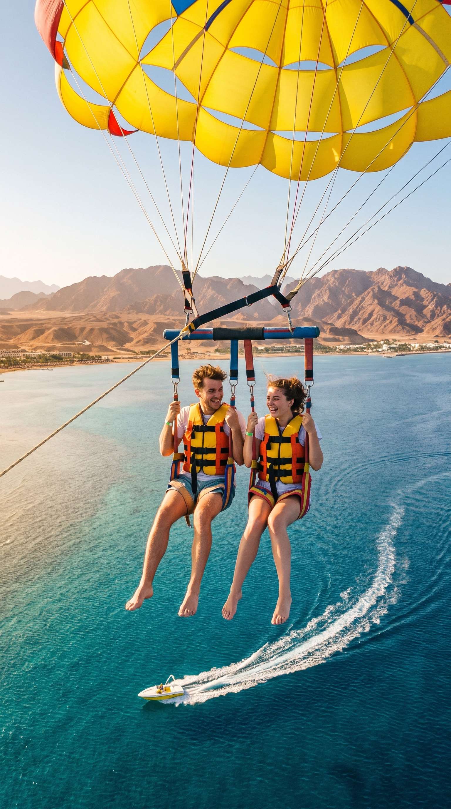 Two guests parasailing under a yellow canopy above the turquoise Red Sea and the Sinai mountains