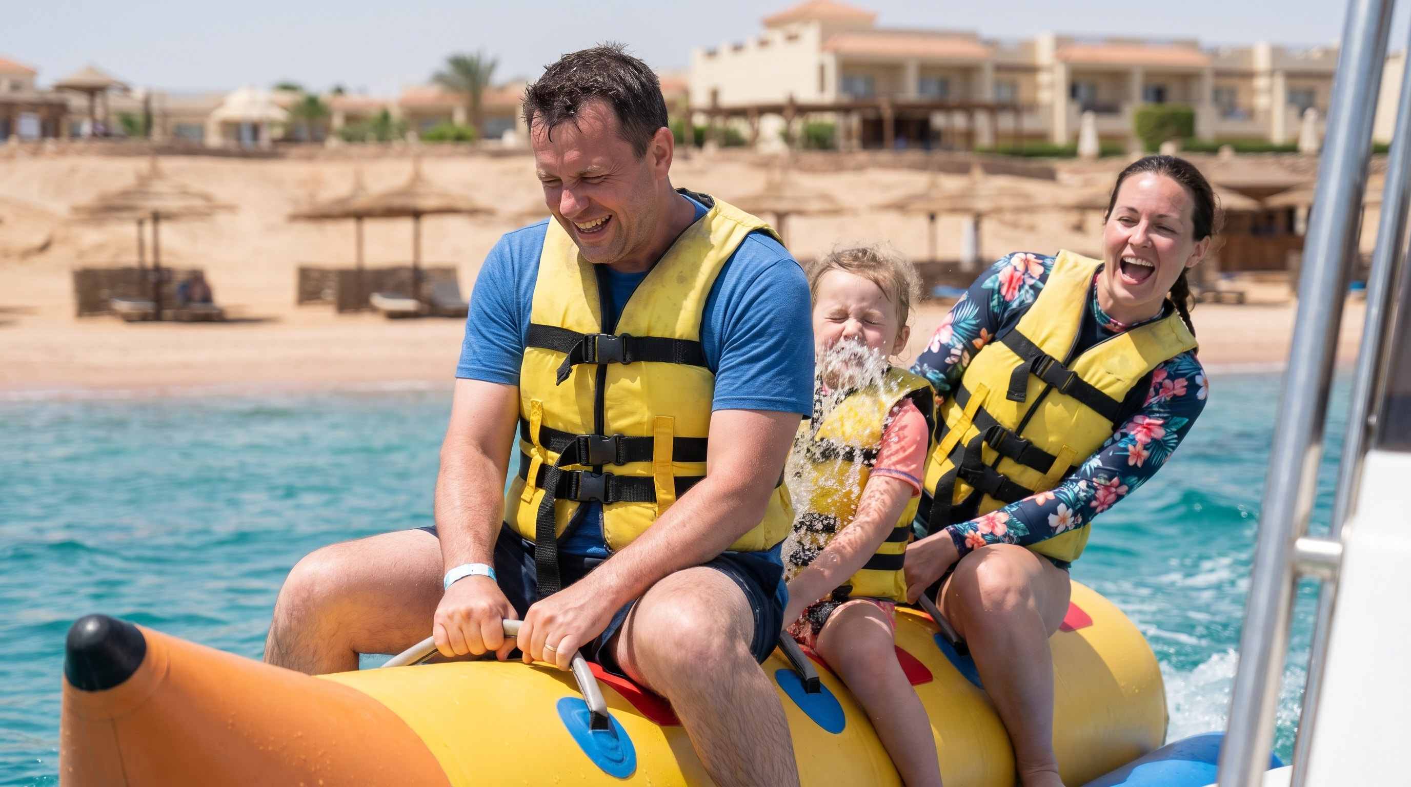 Family laughing on a yellow banana boat at Sharm El Maya