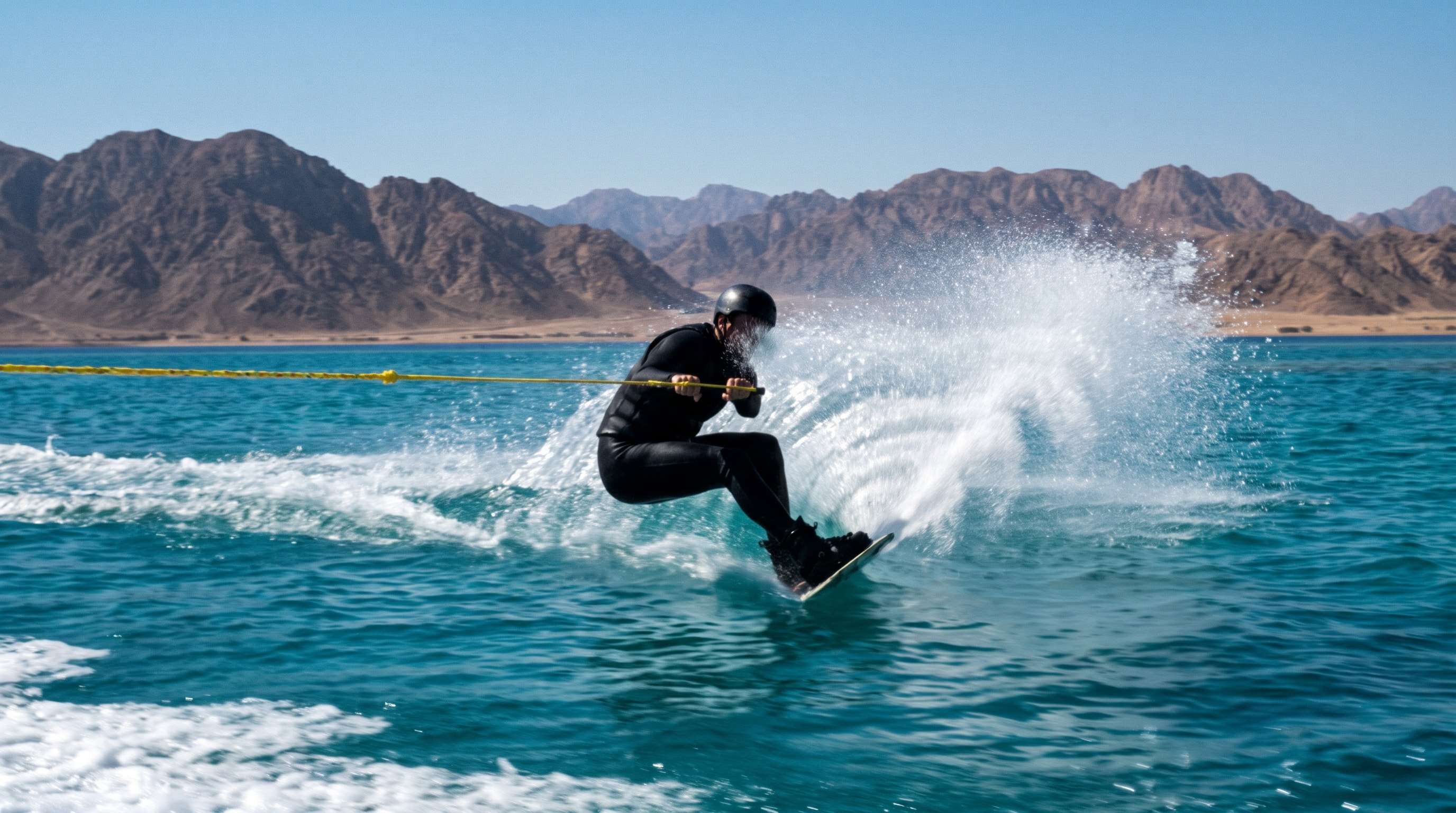 Wakeboarder carving a turn and throwing spray in front of the Sinai mountains