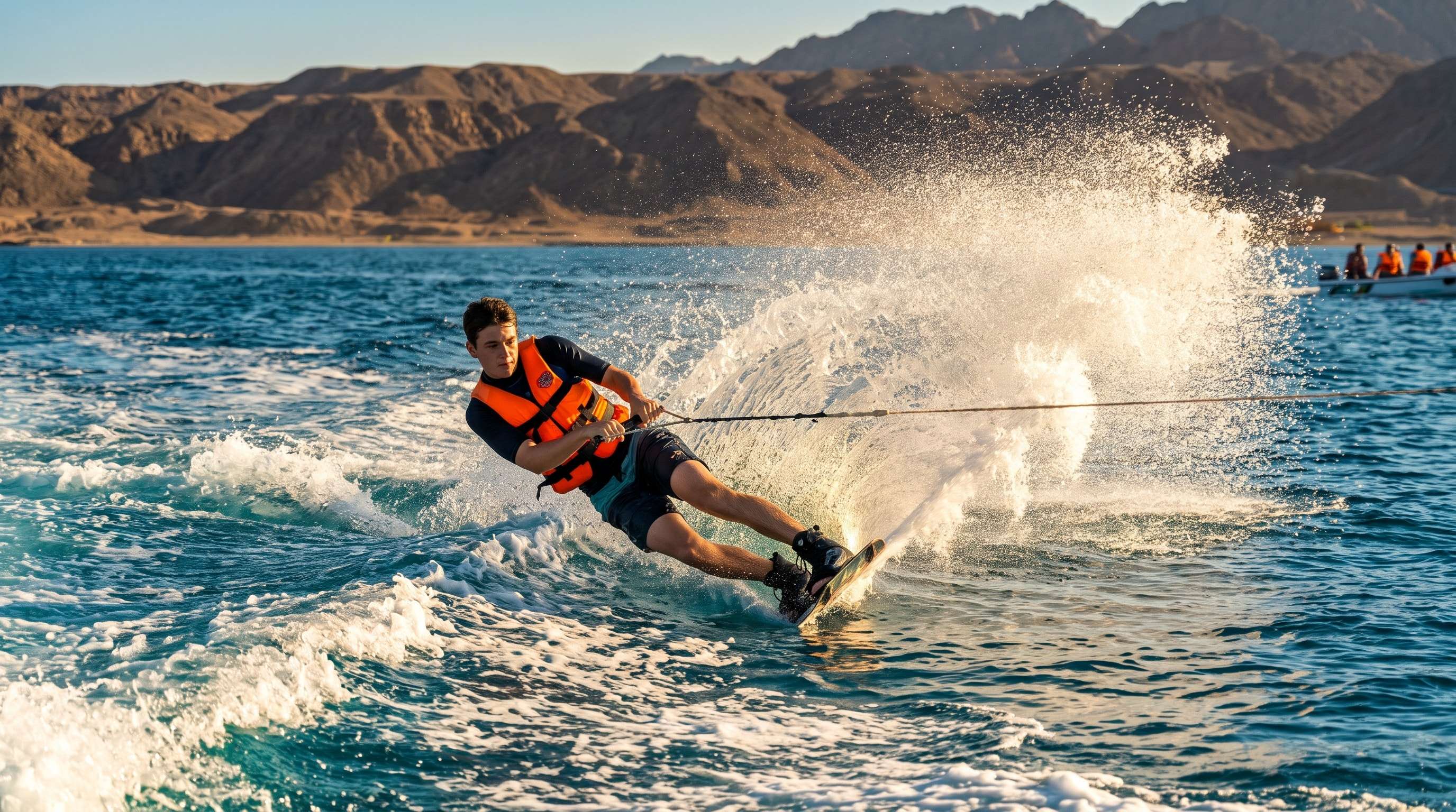 Rider skimming across the Red Sea behind a boat, spray flying