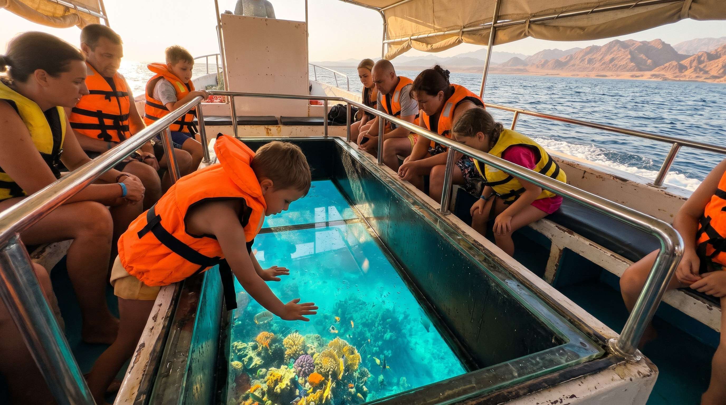 Children looking at coral and fish through the glass floor of the boat